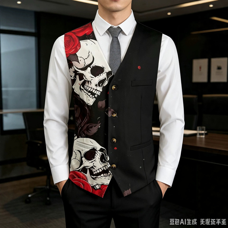 Men'S Gothic Formal Wear - سترة رجالية عصرية بطبعة جمجمة ووردة،