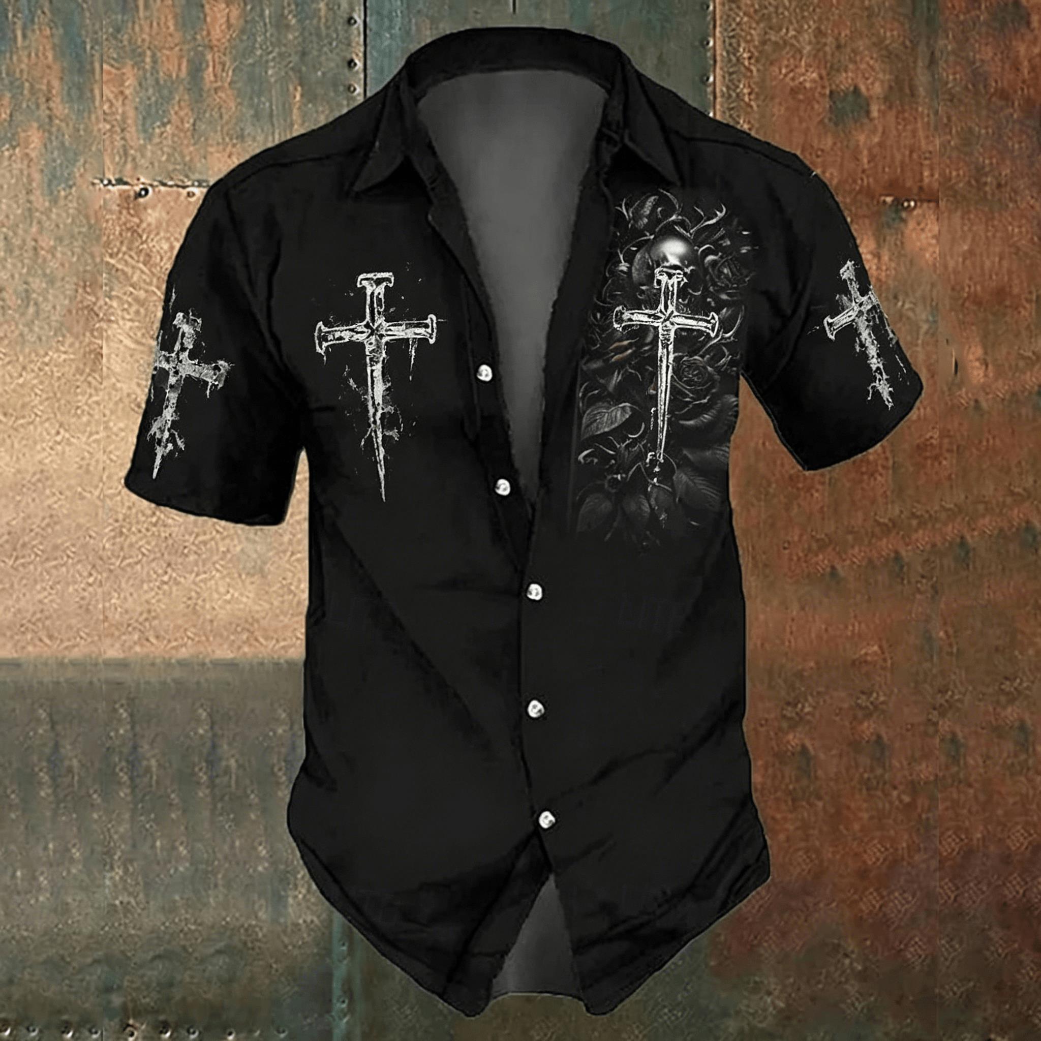 Men'S Gothic Formal Wear - قميص رجالي أسود بطباعة صليب، بأسلوب
